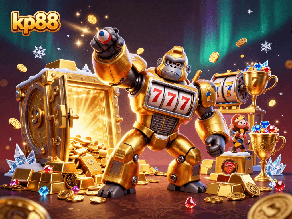 Experience thrilling action at kp88 with a golden gorilla mech and slot machine elements.