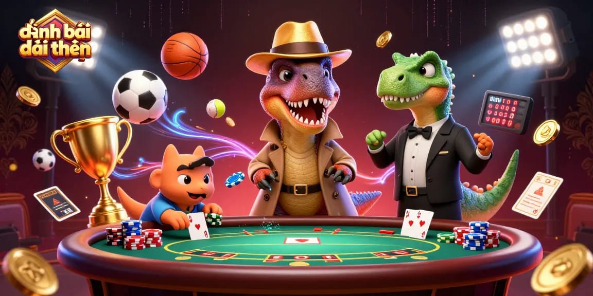Experience the excitement of đánh bài đổi thưởng with a thrilling poker scene featuring a velociraptor card counter and dynamic sports elements.