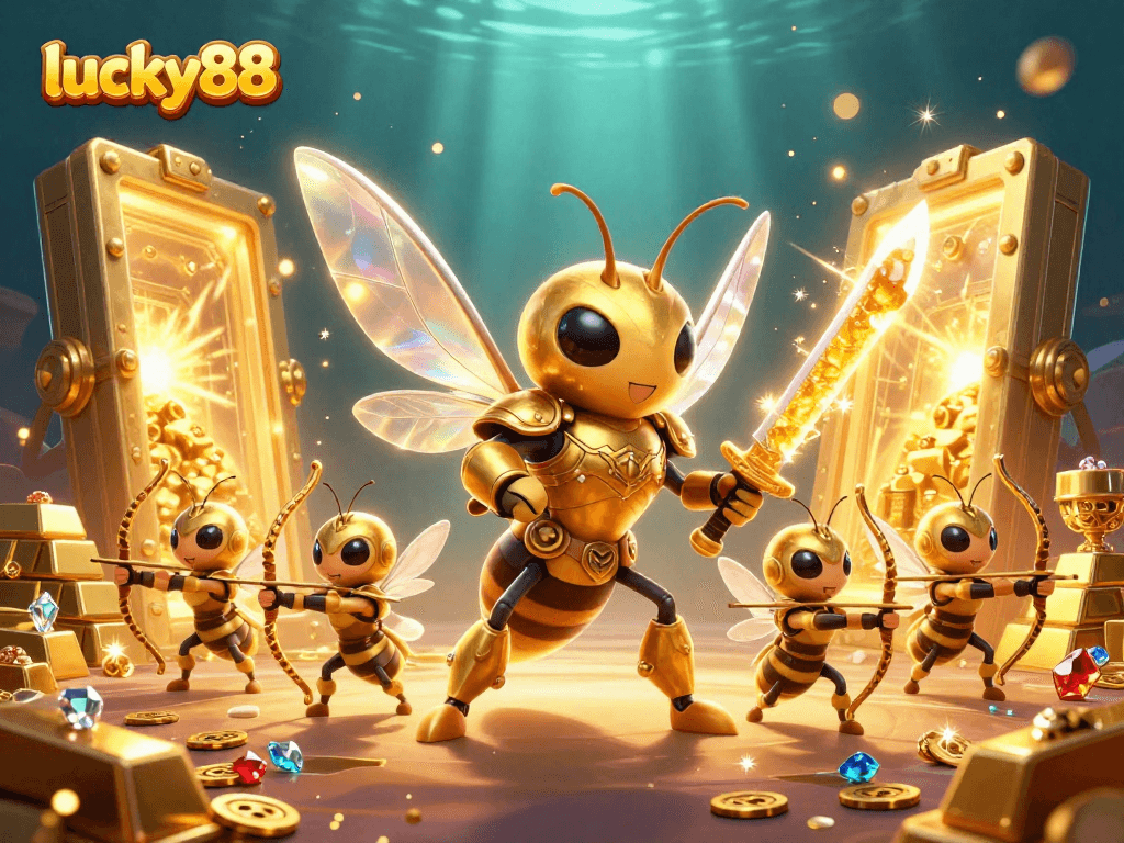 Spin and win with lucky88 as a golden hornet warrior battles for treasure in a vibrant casino scene.