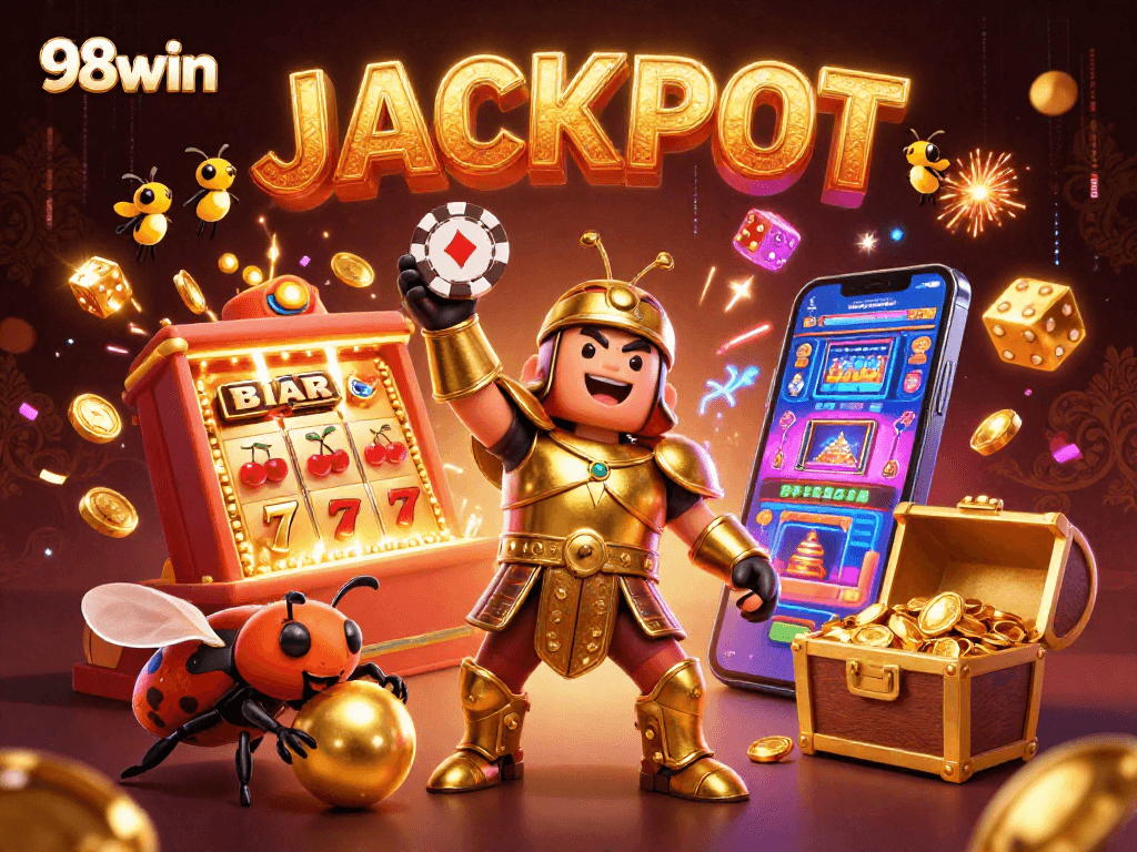 Experience Jackpot victories with 98win's golden beetle heroes in a vibrant casino scene.