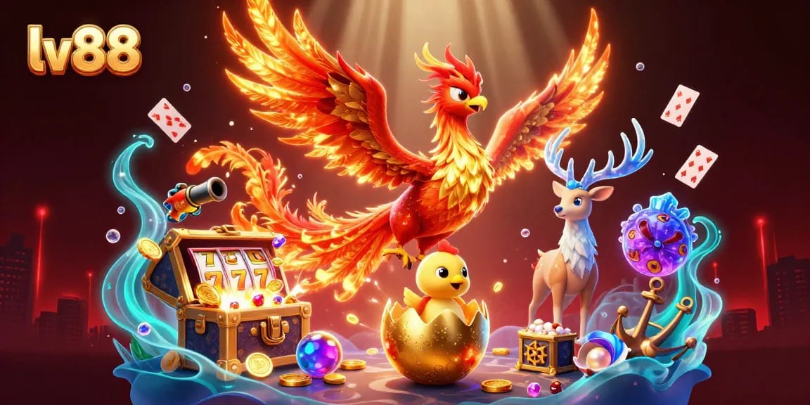 Experience an exciting world at lv88 with a phoenix soaring amidst golden treasures and slot reels.
