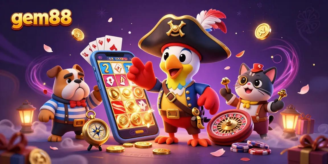 Join the treasure-hunting adventure with gem88 as our pirate captain parrot leads the crew in thrilling casino action!