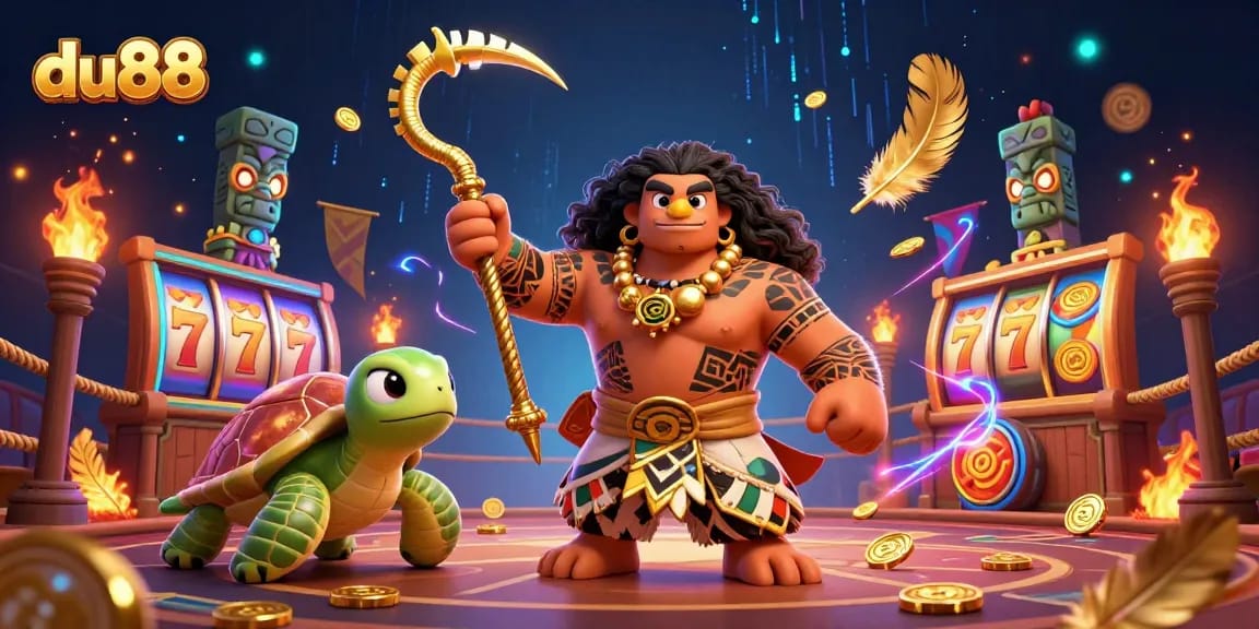 Engage with du88: Experience vibrant tribal-themed casino illustrations featuring a demigod and glowing tiki.