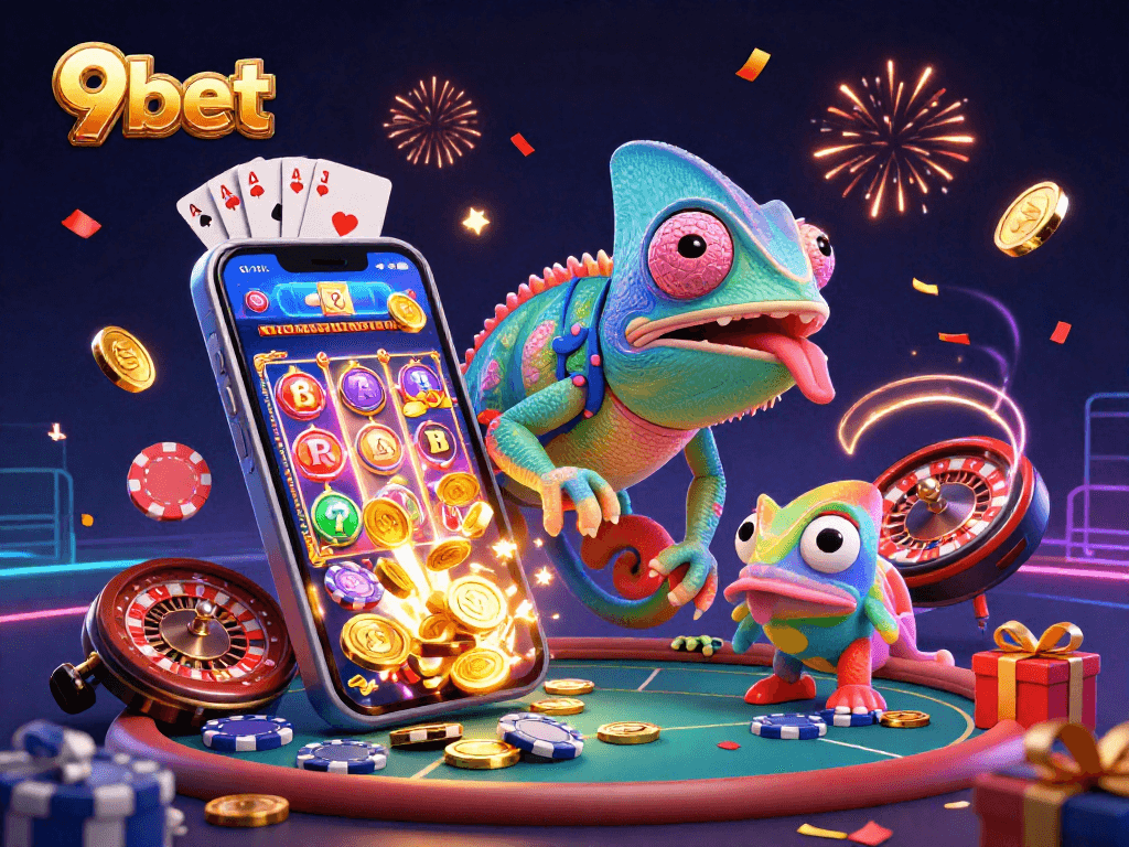 9bet's chameleon casino owner celebrates wins with vibrant slots and poker elements in a festive illustration.