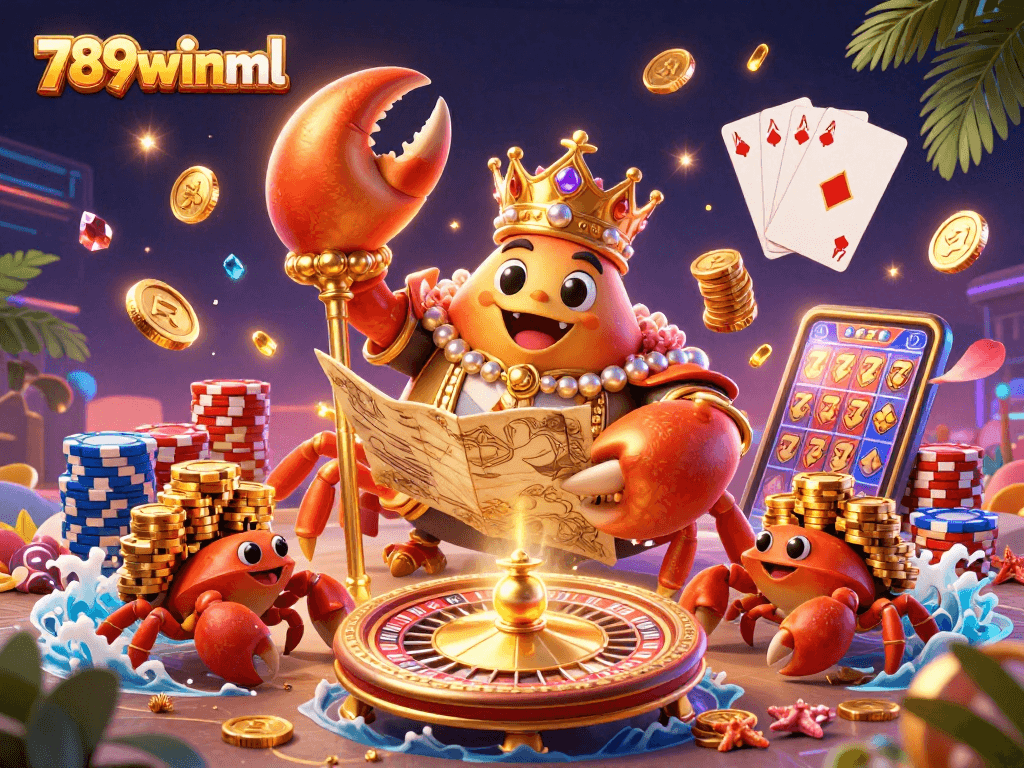 Experience the thrill of winning with 789winml in this vibrant casino illustration featuring a golden crab emperor and treasures.