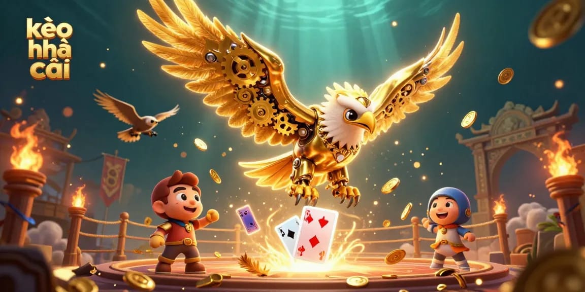 Experience the thrill of kèo nhà cái as a cybernetic eagle dives through dynamic betting tokens and cards.