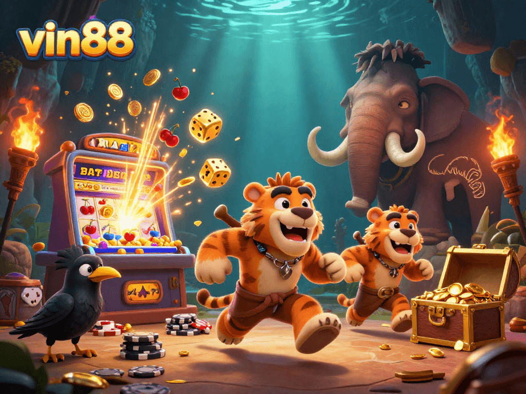 Experience the excitement of vin88 with a lively 3D casino scene showcasing cavemen and jackpot thrills.