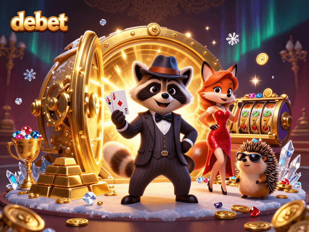 Join the debet casino experience with a raccoon, fox, and hedgehog amidst gold and glittering slots.