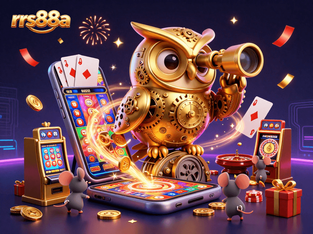 Join the exciting rrs88a casino experience with a vibrant scene of slot games, playing cards, and festive energy!