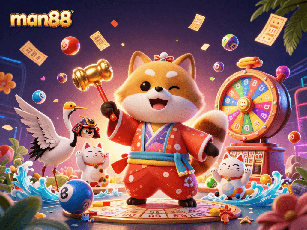Experience the vibrant world of man88 with cheerful characters and dynamic gambling elements.