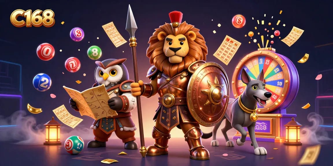 C168 offers exciting lottery games showcased by vibrant characters and gambling elements in a lively scene.