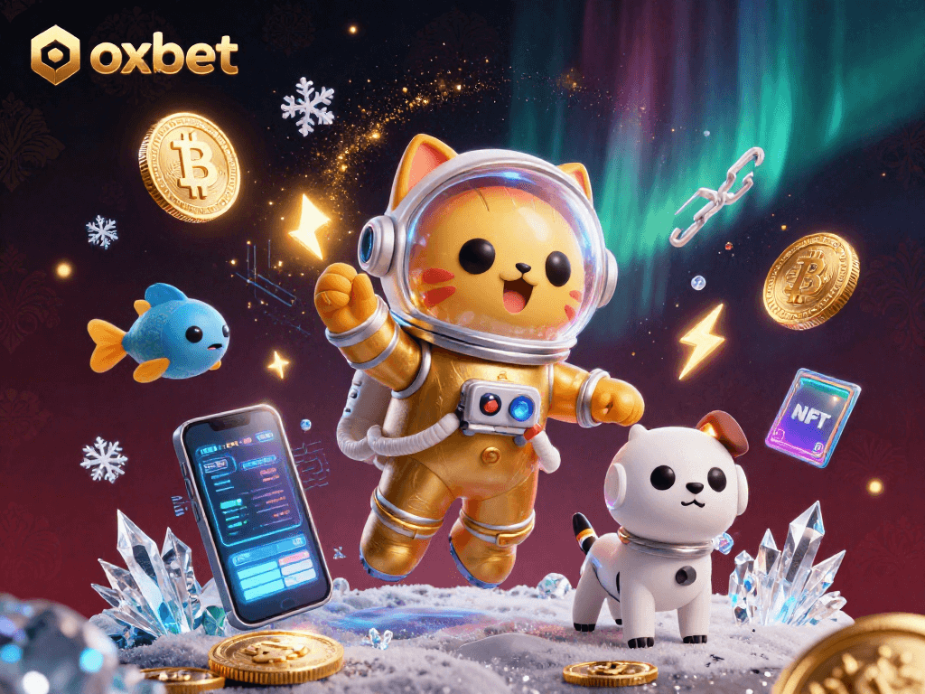 Play with crypto excitement at oxbet featuring an astronaut cat and robot dog amidst vibrant casino graphics.