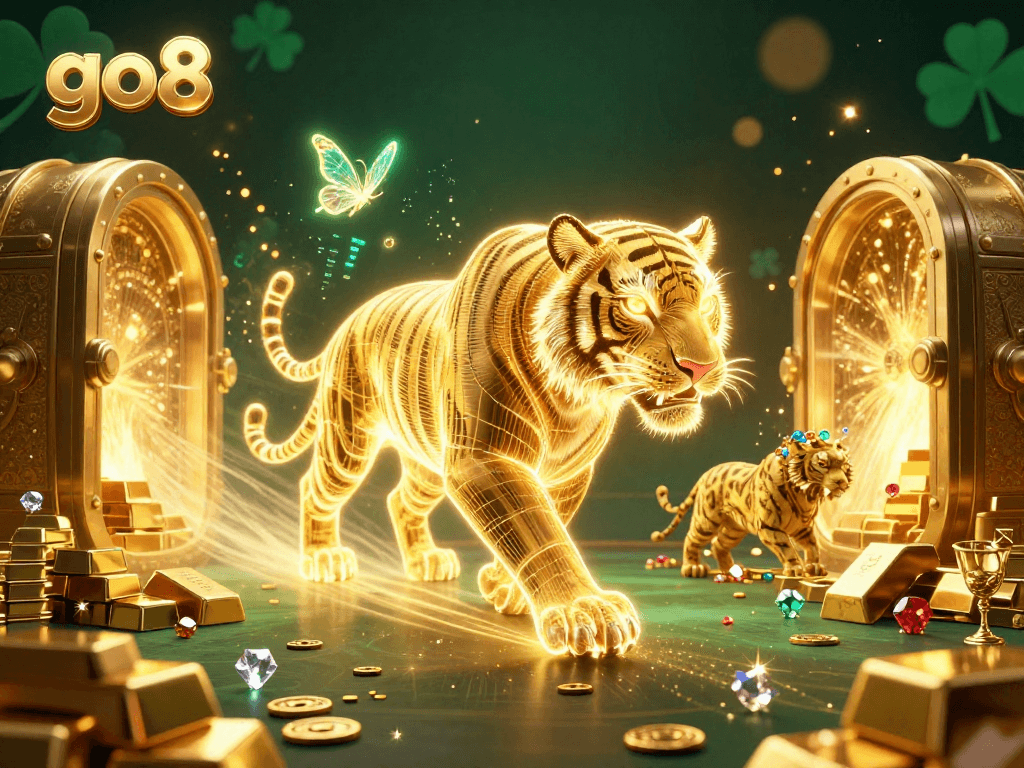Experience the thrill of gaming at go8 with a vibrant casino scene showcasing a golden tiger and treasures.