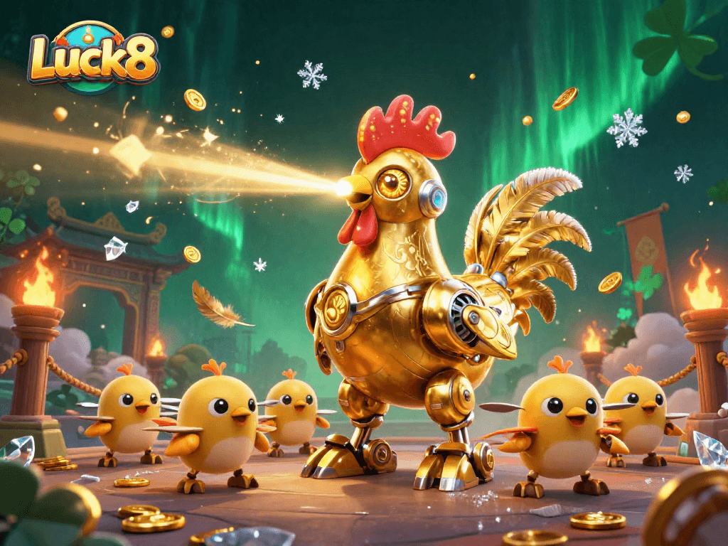 Engage in Luck8's thrilling casino adventures with a golden rooster robot and baby chick drones.