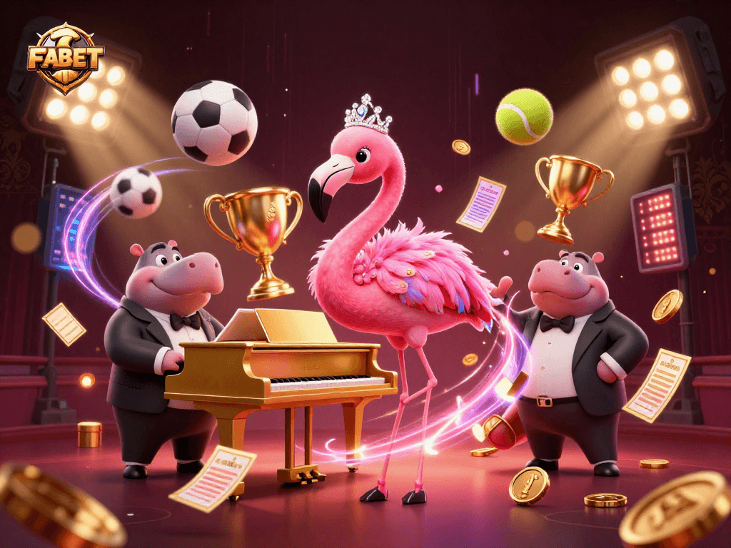 FA BET showcases an exciting casino scene with competitive sports betting elements and lively characters.