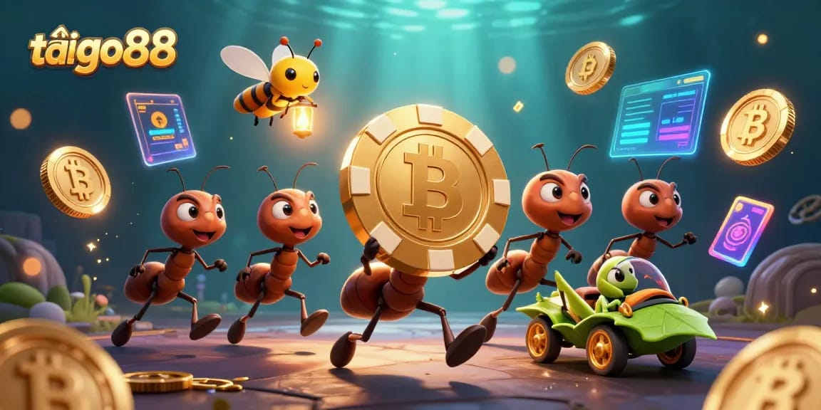 Engaging scene depicting ants carrying a golden poker chip for tải go88 while exploring a crypto-rich tunnel.