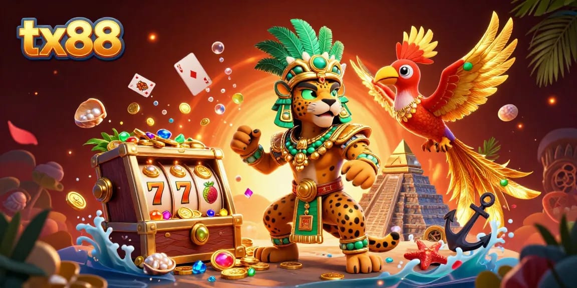tx88 captivates players with a dynamic scene of a Mayan jaguar priest amidst slot machine symbols.