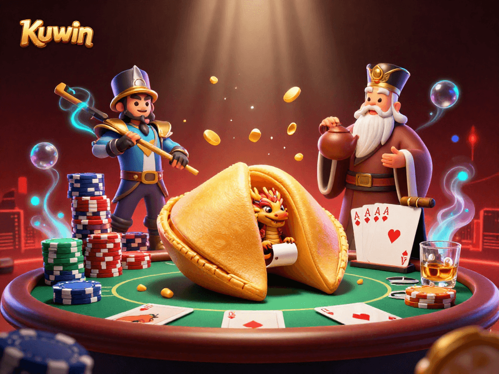 Kuwin delivers thrilling casino experiences with a vibrant illustration of a golden fortune cookie and poker elements.