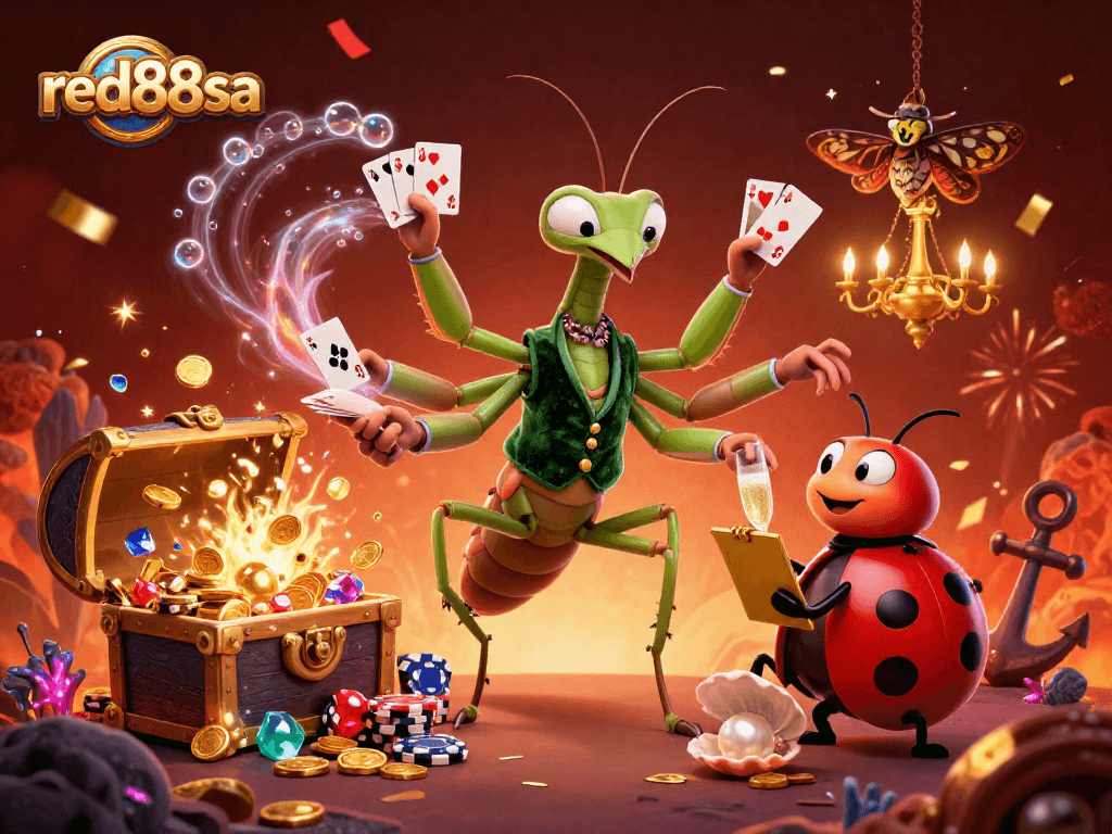 Experience thrilling action at red88sa casino with card dealing mantis and pit boss in vibrant illustration.