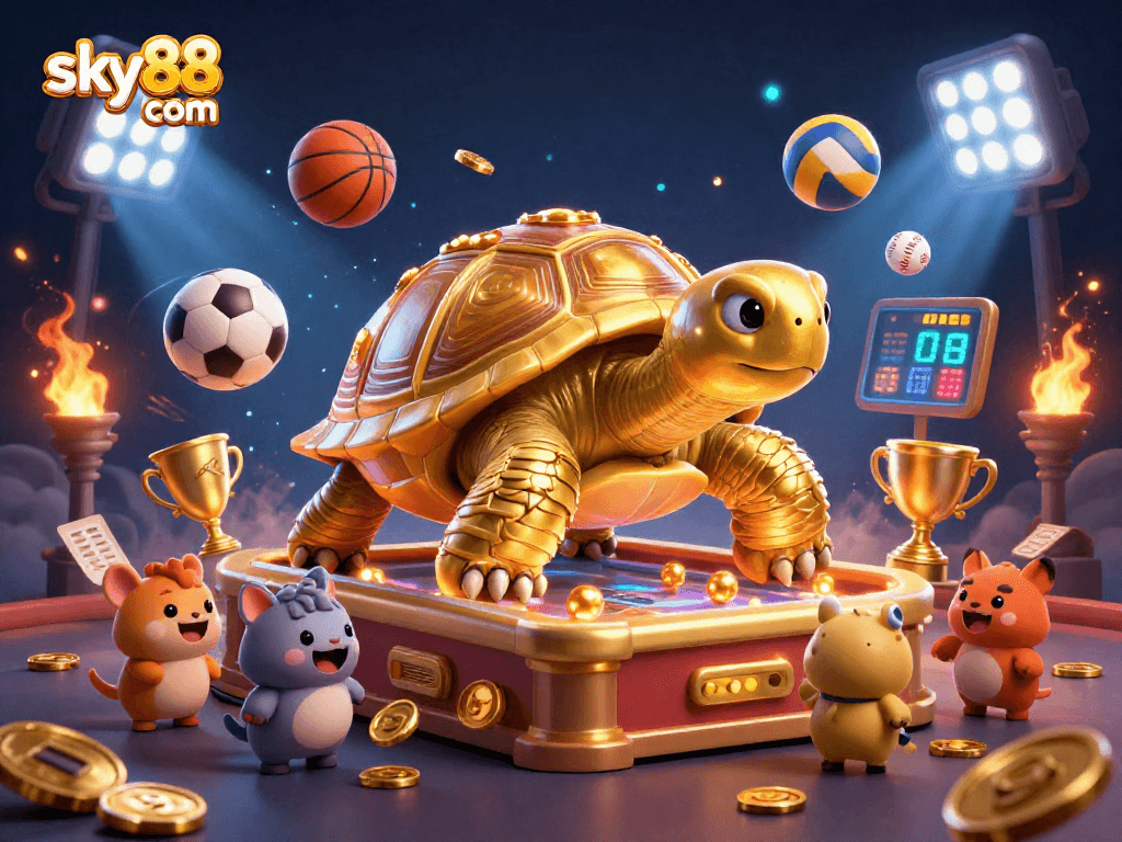 Experience the energy of sky88 com with vibrant sports balls and golden rewards in this 3D casino scene.
