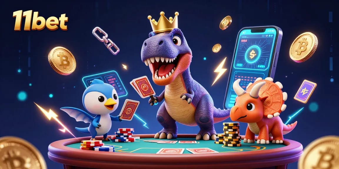 Engage with 11bet's thrilling poker scene featuring a T-Rex and friends shuffling cards.