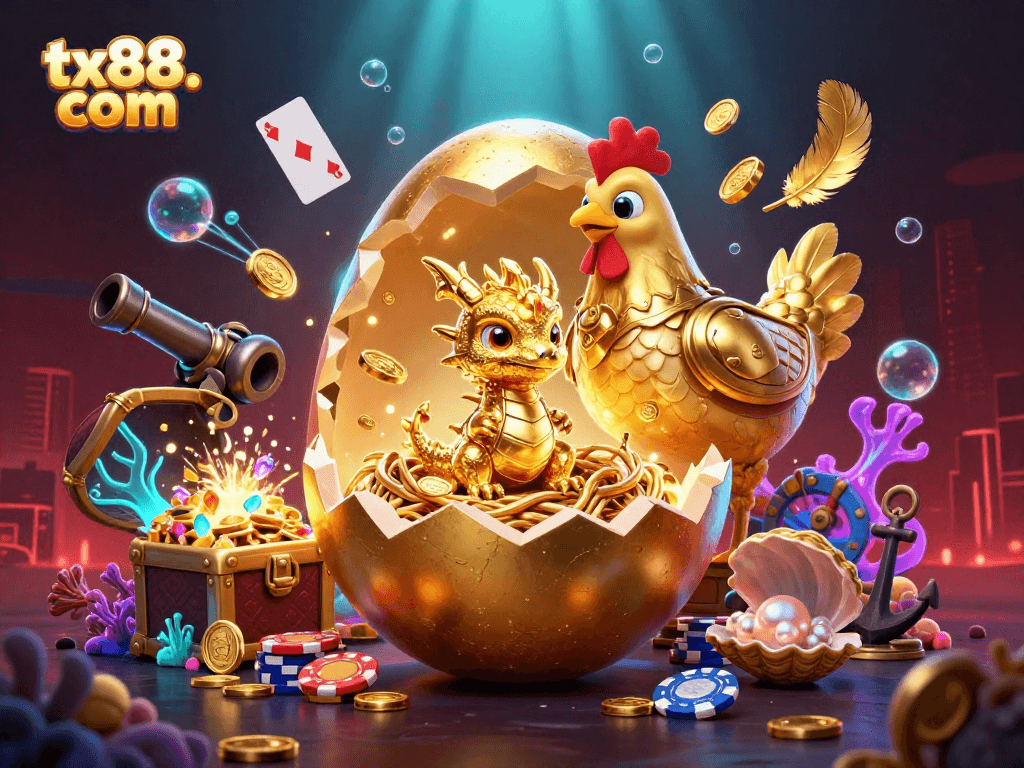 Experience the thrill of winning at tx88. com with a golden dragon and poker chips, an imaginative casino scene.