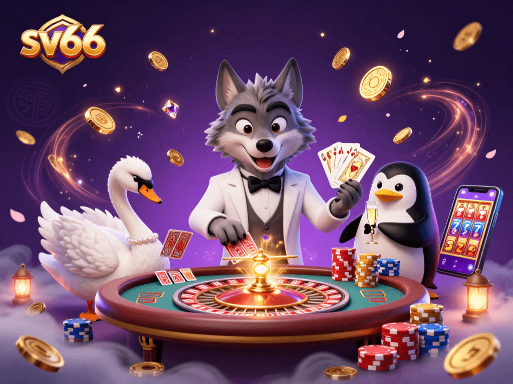 Experience thrilling wins at sv66 with a dynamic casino scene featuring iconic characters and rich gaming elements.