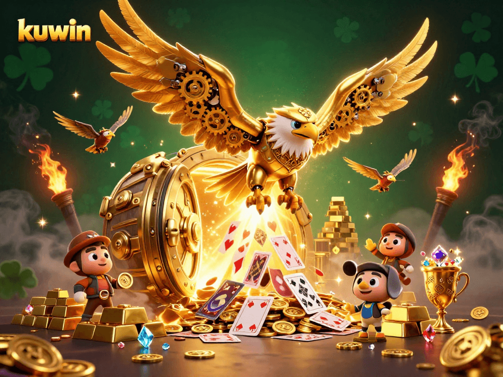 Kuwin gaming experience showcased with a golden eagle diving through cards, surrounded by treasure