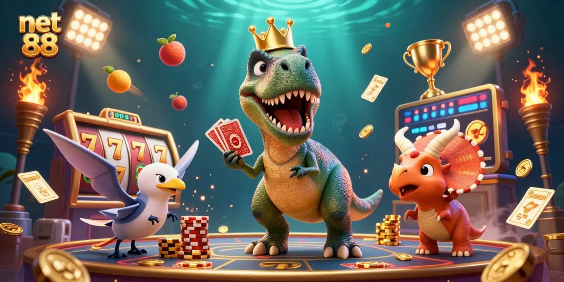 Engage with net 88 where a T-Rex shuffles cards, while a triceratops stacks golden chips.