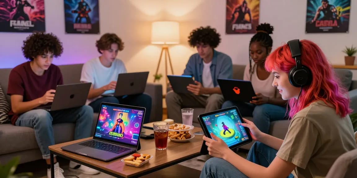 Engaged players enjoying porn games online in a cozy living room setting.