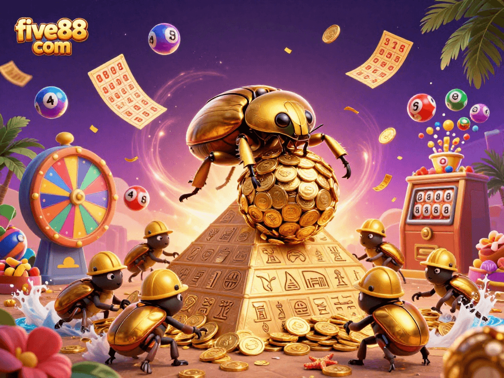 Engage in thrilling gameplay with five88 com as a golden dung beetle rolls riches in a vibrant lottery scene.