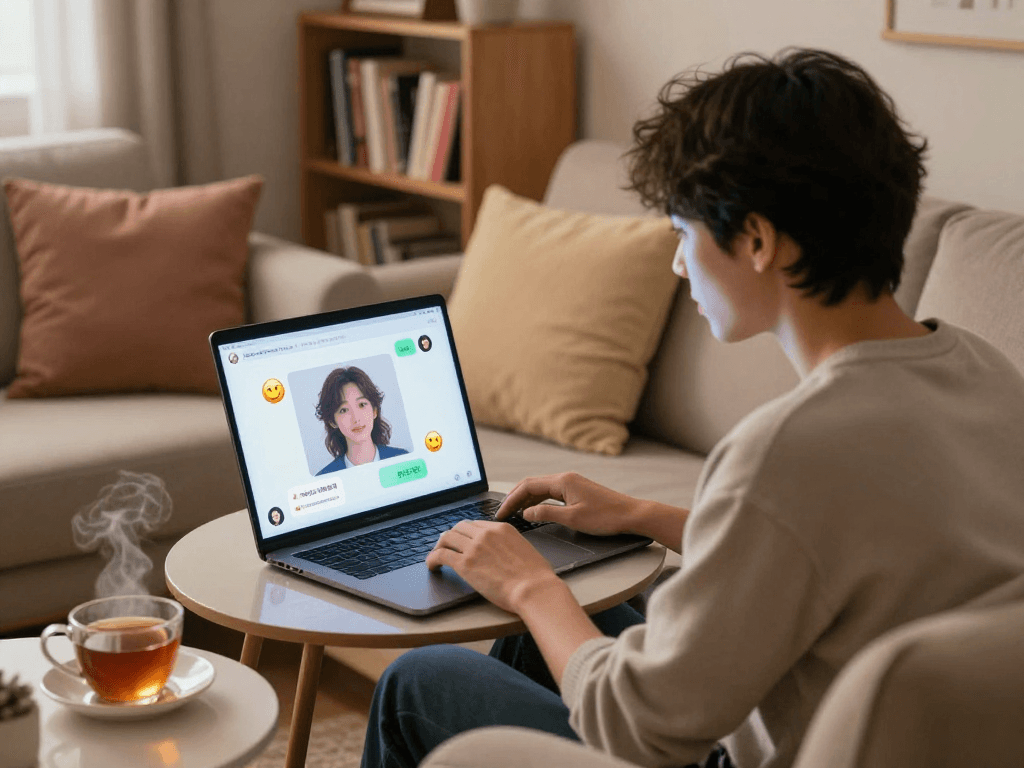 Engaging user in a porn chat AI session on laptop in a cozy room.