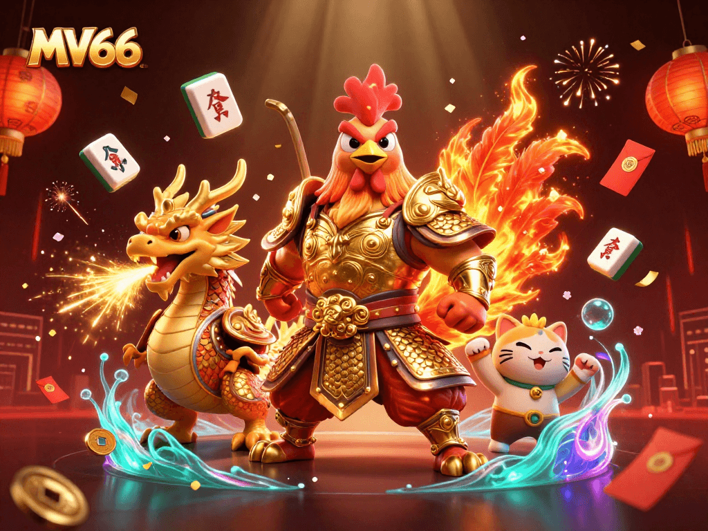 MV66 offers thrilling gaming experiences with dynamic scenes of gambling excitement, featuring a fighting rooster and dragon.