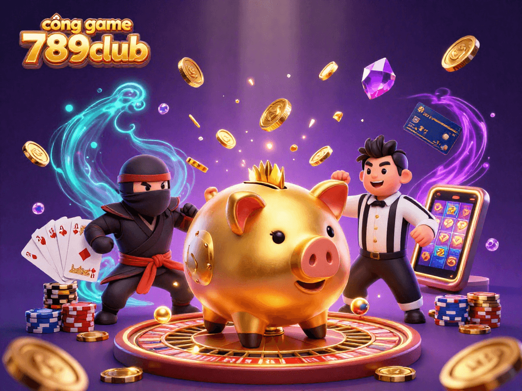 Experience the excitement of cổng game 789club with glowing coins and casino elements in a vibrant 3D scene.