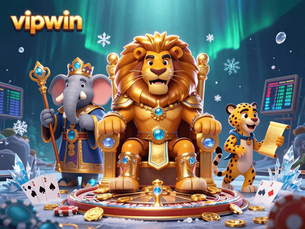 Experience thrilling gaming action at vipwin with a majestic lion king, wise elephant advisor, and fast cheetah in a vibrant casino scene.