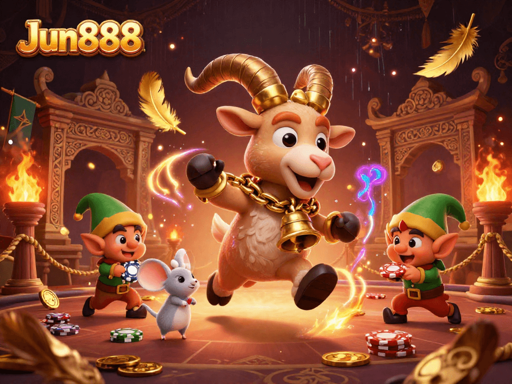 Experience thrilling gameplay with Jun888 featuring a festive 3D Krampus goat in a lively casino scene.