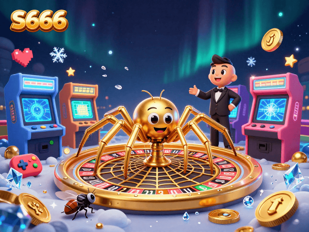 S666 promotes thrilling bets with a 3D spider spinning a roulette wheel in a colorful gaming scene.