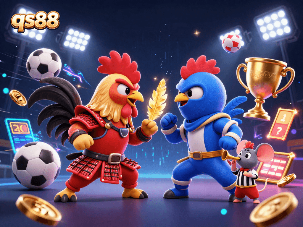 qs88 offers exciting rooster fights and dynamic sports betting action in this vibrant illustration.