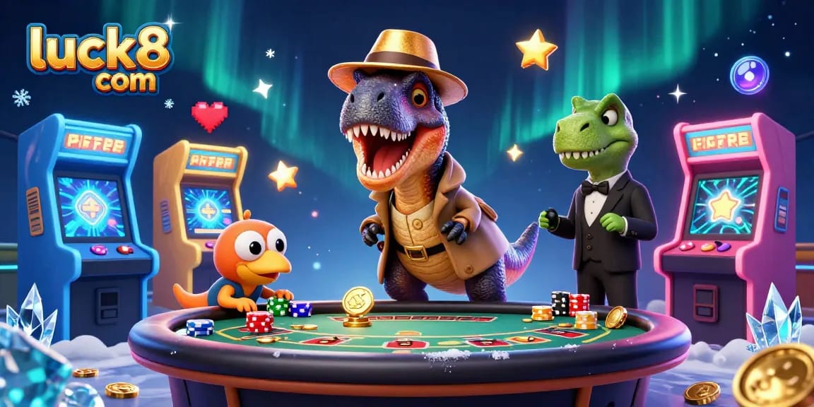 Experience excitement with luck8 com as characters engage in thrilling blackjack, showcasing vibrant casino elements.