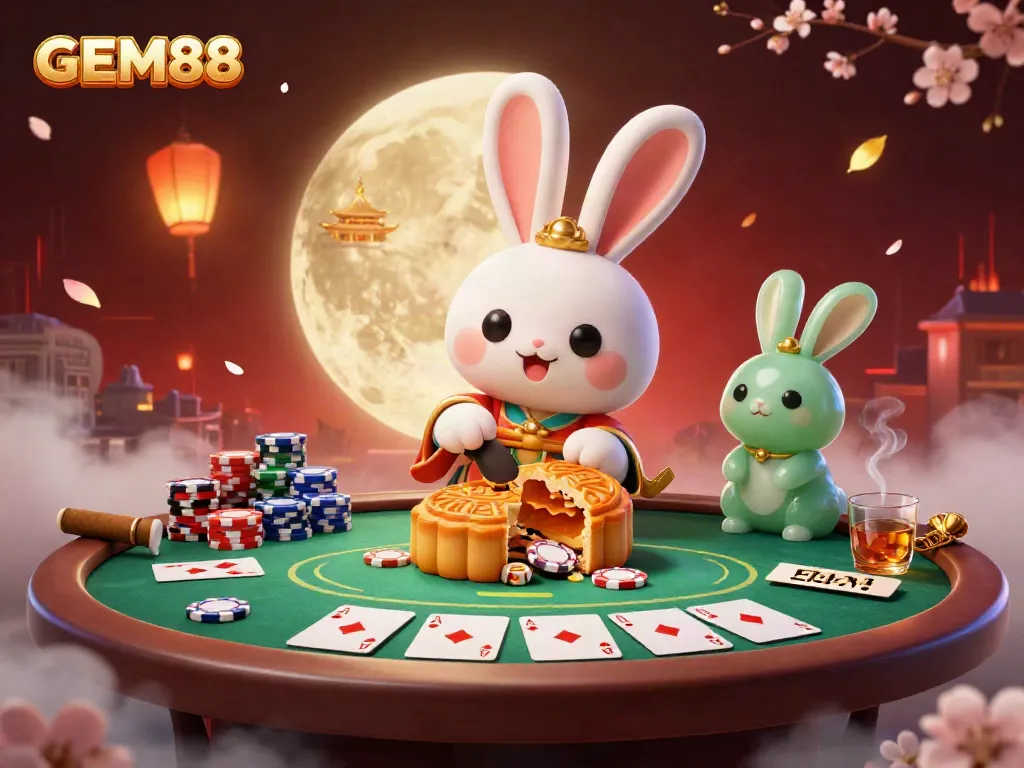 Engage in thrilling gameplay at GEM88, where a moon rabbit reveals poker chips amidst a vibrant casino scene.