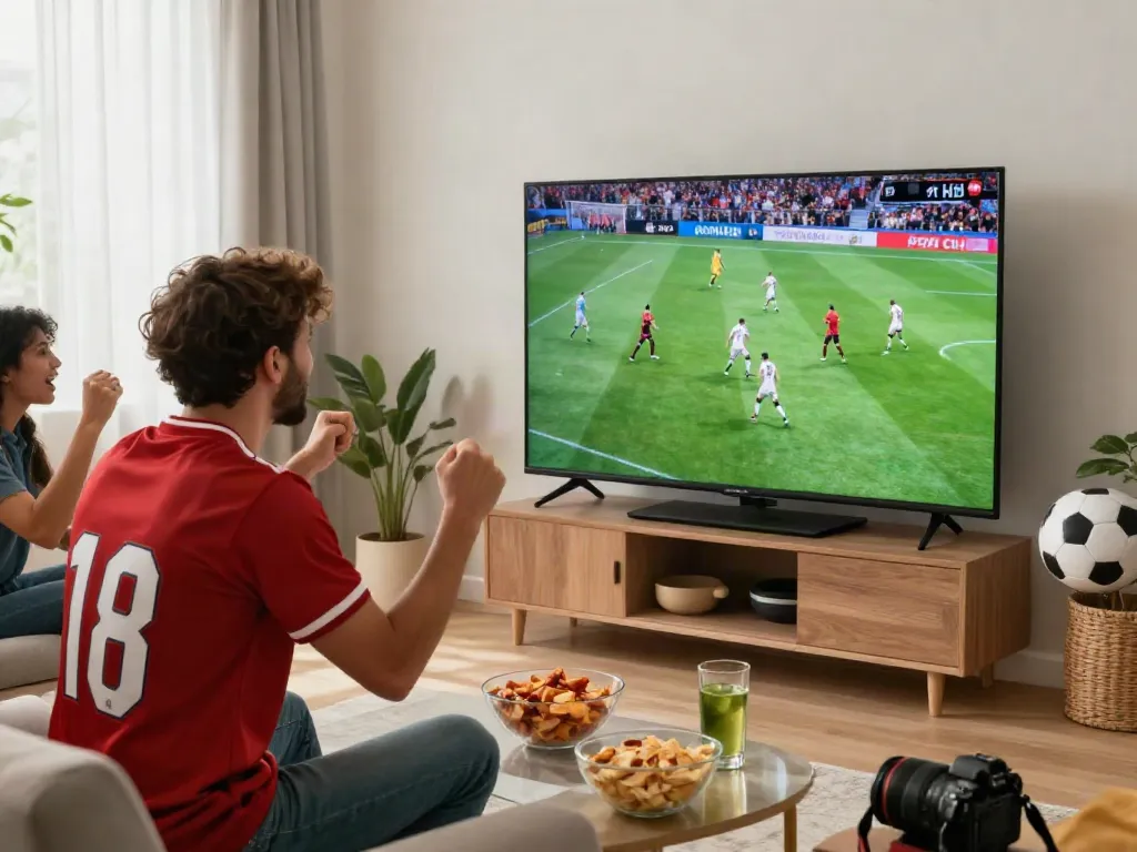Excited soccer fan enjoying xoilactv stream in vibrant living room during a match.