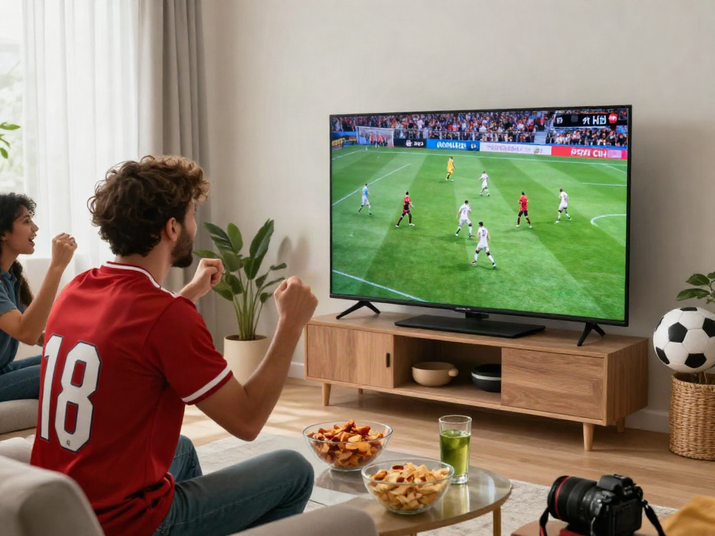 Excited soccer fan enjoying xoilactv stream in vibrant living room during a match.