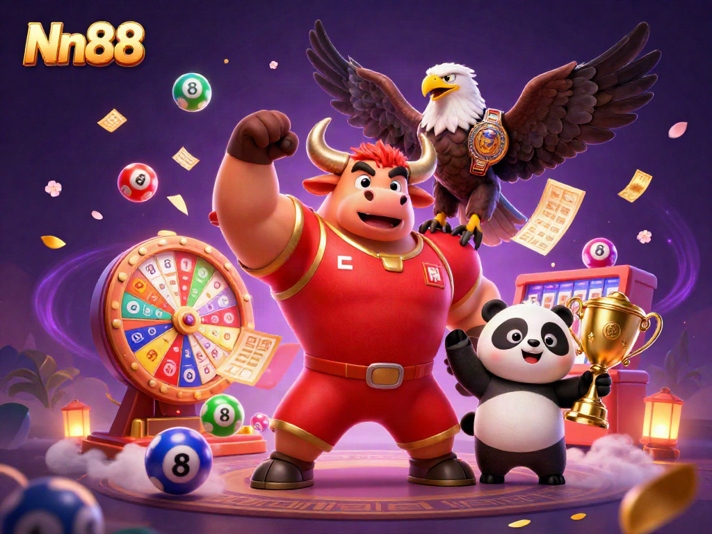 Celebrate wins at Nn88 with a joyful bull mascot, eagle, and panda surrounded by dynamic lottery elements.