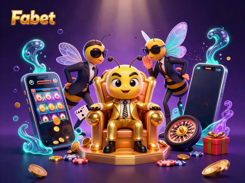 Fabet reveals a vibrant casino atmosphere with a mobile gaming scene filled with slot games.