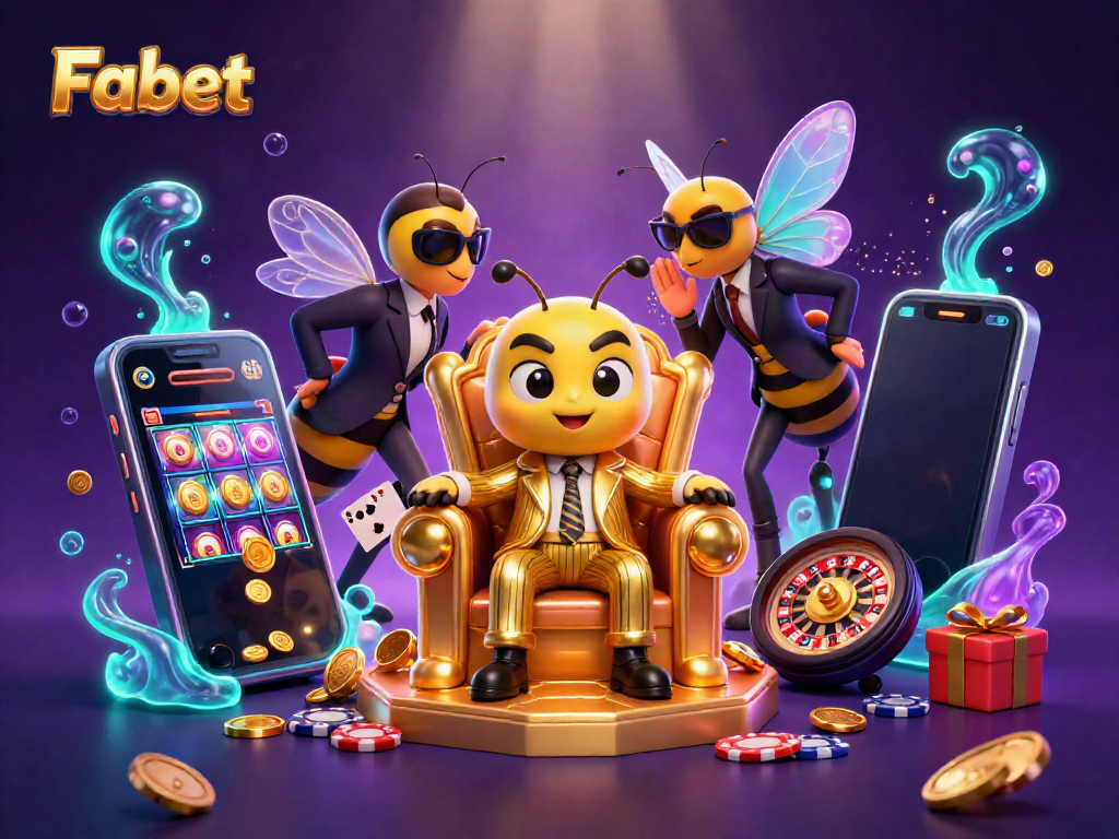 Fabet reveals a vibrant casino atmosphere with a mobile gaming scene filled with slot games.