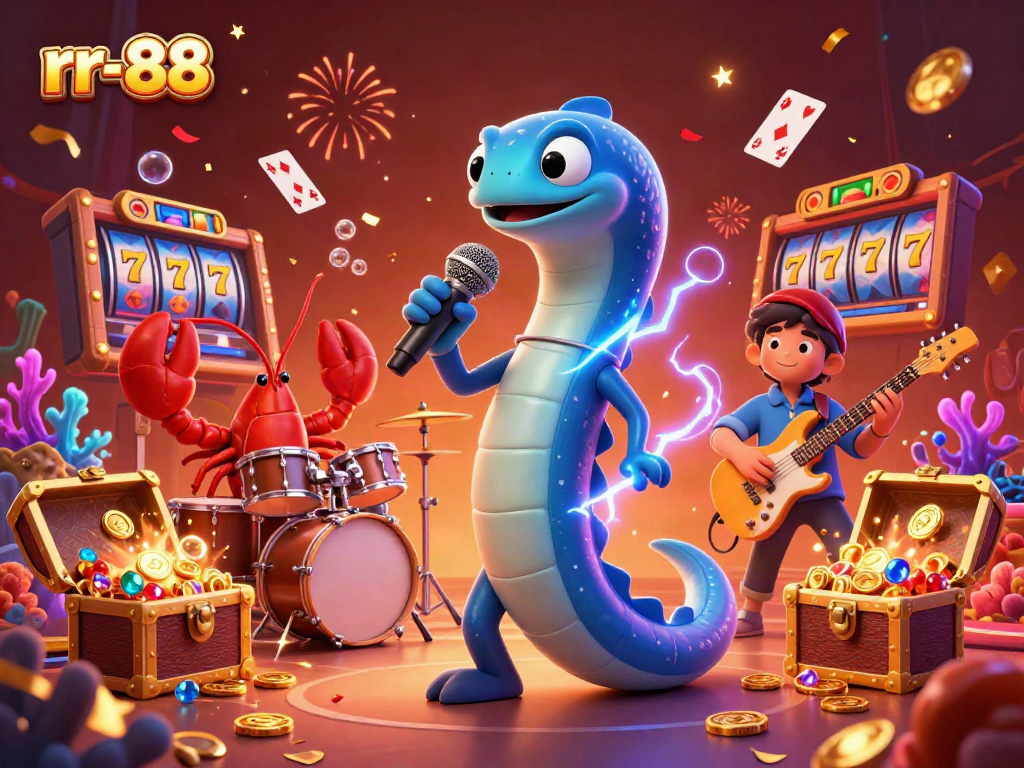 Experience the excitement of rr-88 with a vibrant underwater casino scene featuring an electric eel DJ and its band.