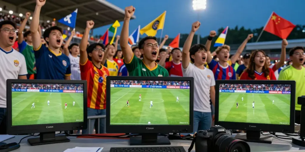 ThapcamTV live soccer match with excited fans and commentators.