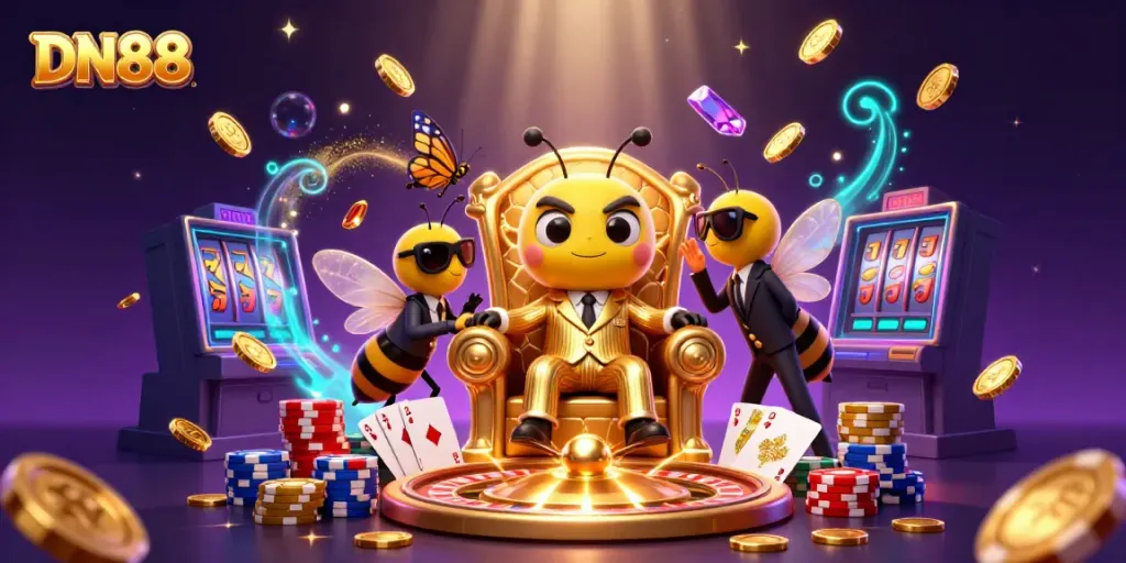 Engage in thrilling gameplay with DN88's vibrant 3D illustration featuring dynamic casino elements.