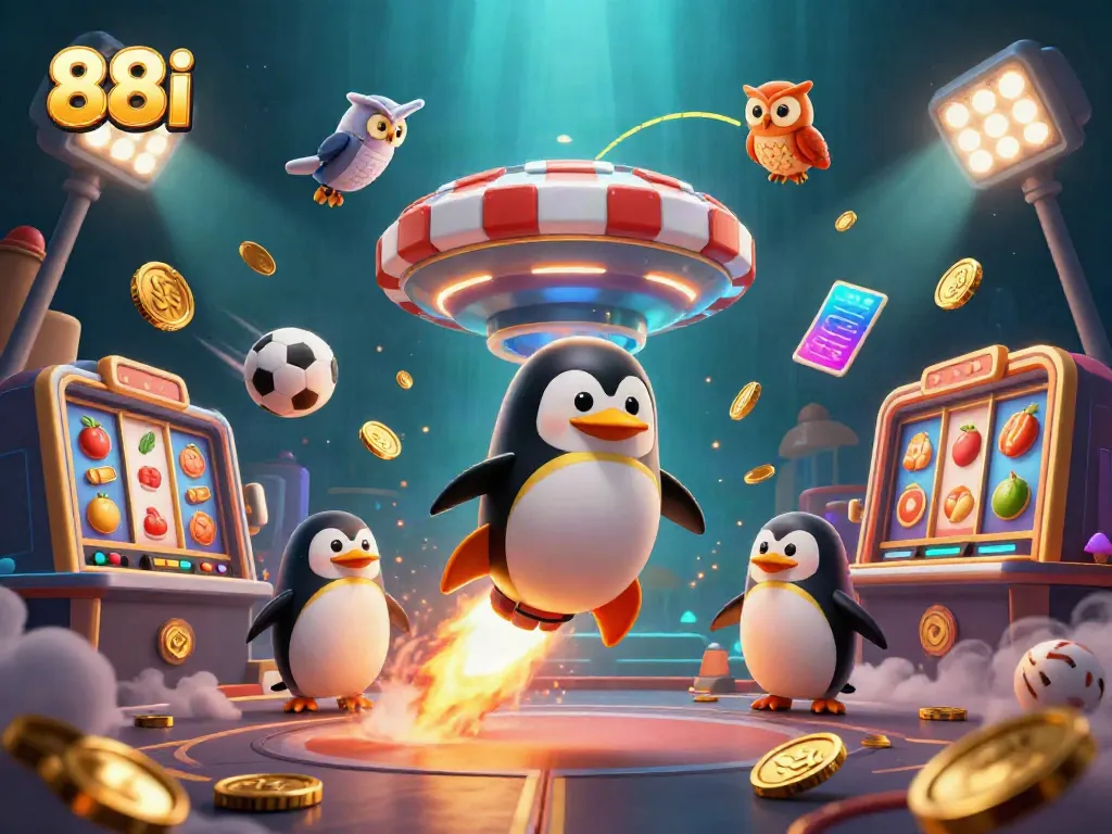 Experience the thrill of 88i gaming with a golden penguin racing towards a vibrant casino.