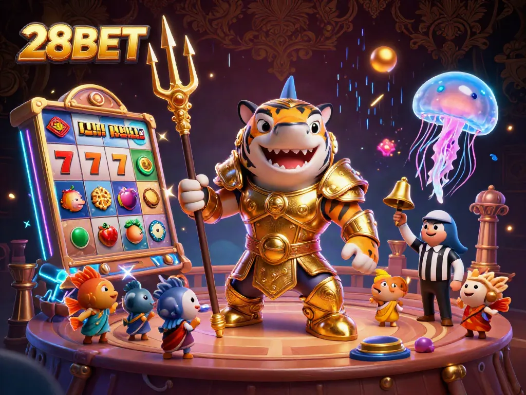 Experience slot wins with 28BET as the tiger shark heroically plays in a dynamic casino scene.